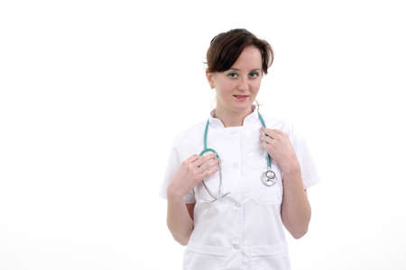 smiling doctor practicing with stethoscopeの写真素材