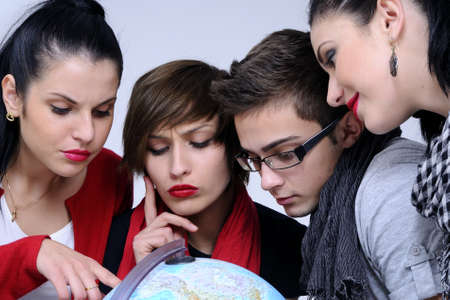 students searching travel destinationsの写真素材