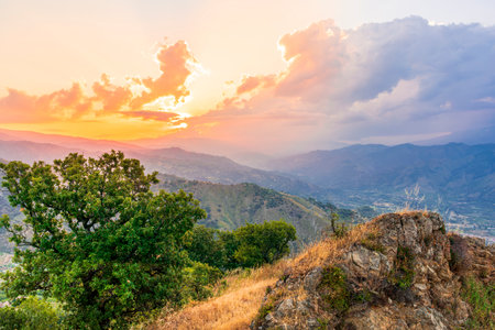 mountain valley during sunset or sunrise. Natural spring or summer season landscape with grass, green trees and hills and beautiful sloudy sunny sky on backgroundの写真素材