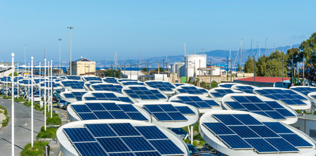 solar power plant with big antennas on a parking for charging electrocars, problems of car energy of the futureの写真素材