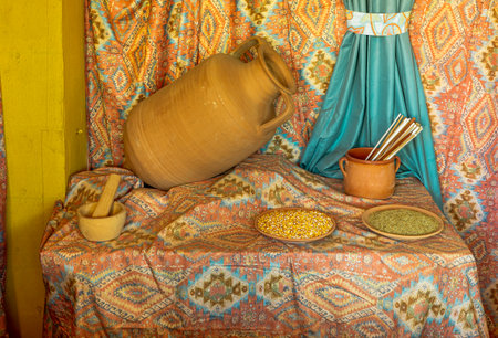 rustic stil life in old traditional vintage style with vintage dishes and vases , paesant backgroundの写真素材