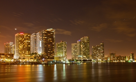 City of Miami Florida, colorful night panorama of downtown business and residential buildingsのeditorial素材
