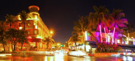 Miami Beach Florida, colorful night summer scene on Ocean Drive Art Deco Districtのeditorial素材