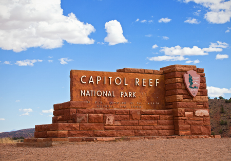 Capitol Reef National Park Utah, USA-September 2, 2014:Entrance sign of Capitol Reef National  park on September 2, 2014 built in the colors of the rocks typical for Southwest USAのeditorial素材