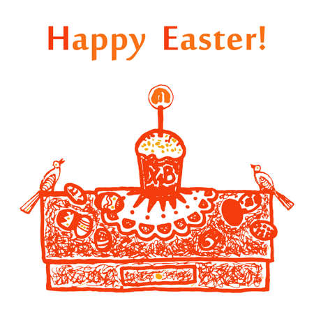 Easter card with Easter cake, eggs and birdsのイラスト素材