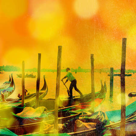 Solar Venetian background with texture and bokeh. Moored gondolasの写真素材