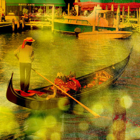 Floating luxury gondola with passengers. Venice background with texture and bokeh.のeditorial素材
