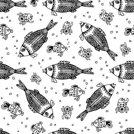 Sea fish and crab underwater, black ahd white seamless patternのイラスト素材