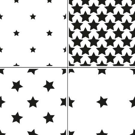 Set of 4 monochrome geometric seamless pattern with five-pointed starsのイラスト素材