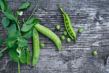 Green pea pods beautifully lie on vintage wooden surfaces, top viewの写真素材