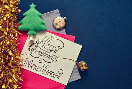 New Year postcard with festival decoration and congratulatory inscription, top viewの写真素材