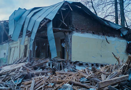 The demolition of building, destruction and ruins, destroyed houseの写真素材