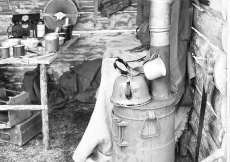 Interior of dugout Soviet soldiers during second world war, items of military life, reconstructionの写真素材