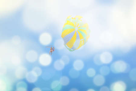 Summer blur background with parachute and sunshine, sea vacation, tinted photo collageの写真素材