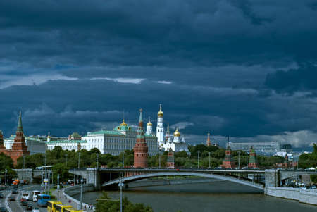 Picturesque tourist view of the Moscow Kremlin with the bridge over the Moscow river, Russiaの写真素材