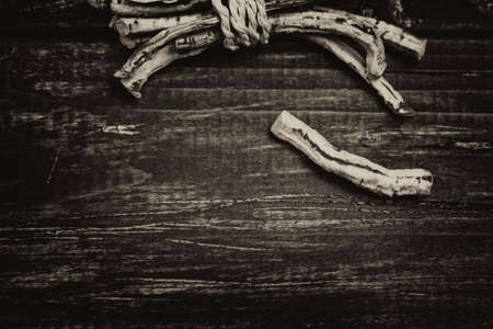 Black wood background with dry roots and spot light from aboveの写真素材