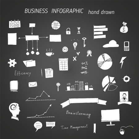 Set of hand drawn icons on chalkboard, business concepts and infographicのイラスト素材