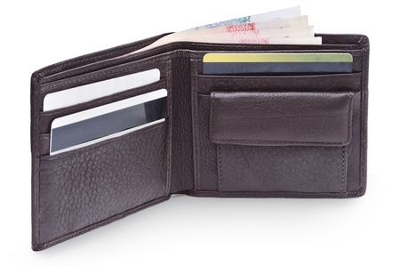 Open brown leather wallet with money の写真素材