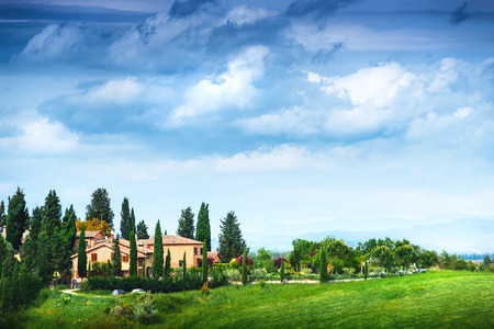 Summer landscape with villa. Italy, Tuscanyの写真素材