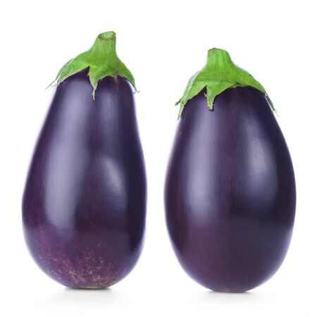 Two ripe fresh aubergines isolated on white backgroundの写真素材