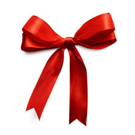 Gift silk bow of red ribbon isolated on white backgroundの写真素材