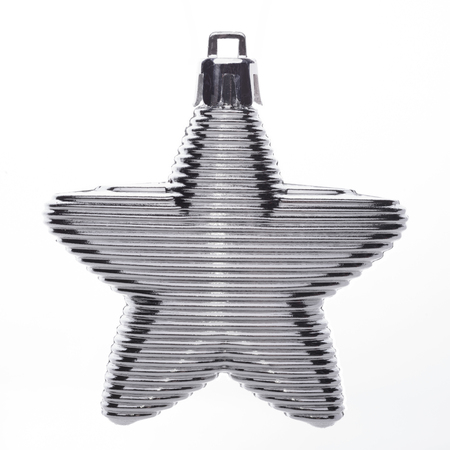 Silver christmas ball in the shape of a star isolated on white backgroundの写真素材