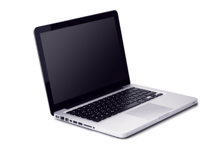 Modern metal laptop on a white backgroundの写真素材
