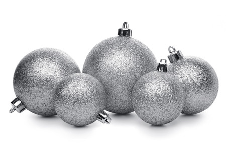Group of silver christmas balls isolated on white backgroundの写真素材