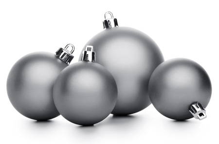 Group of silver christmas balls isolated on white backgroundの写真素材