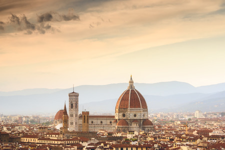 Beautiful sunset over Cathedral of Santa Maria del Fiore (Duomo), Florence, Italyの写真素材
