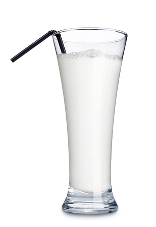Glass of milk with black strawの写真素材