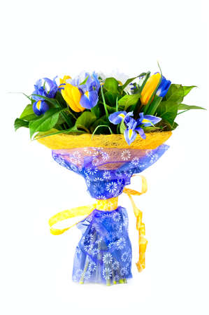Beautiful bouquet with tulips and irisesの写真素材
