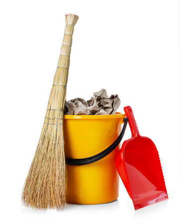 Broom and bucket isolated on white backgroundの写真素材