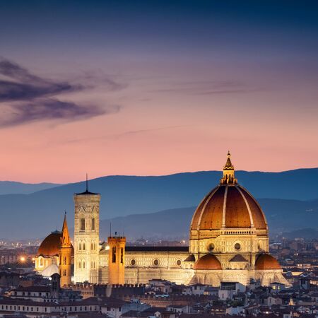 Beautiful sunset over Cathedral of Santa Maria del Fiore (Duomo), Florence, Italyの写真素材