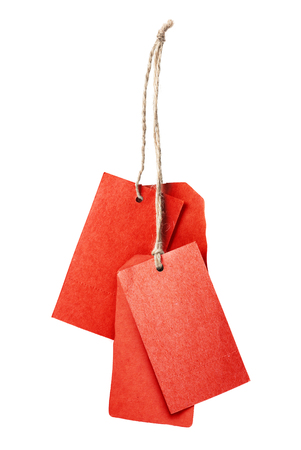 Red blank price tag isolated on white backgroundの写真素材