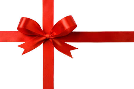Gift silk bow of red ribbon isolated on white backgroundの写真素材