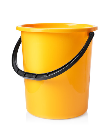 Yellow bucket isolated on white backgroundの写真素材