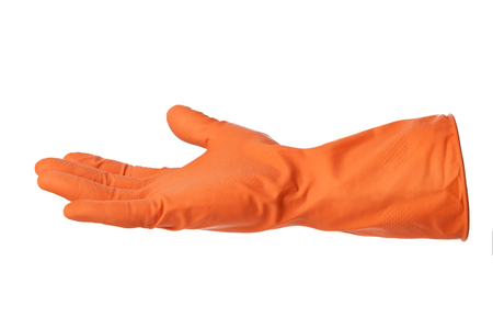 Hand with orange rubber glove isolated on white backgroundの写真素材
