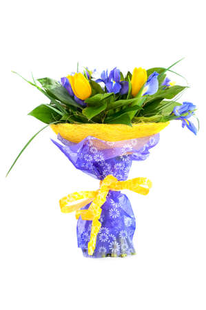 Beautiful bouquet with tulips and irisesの写真素材