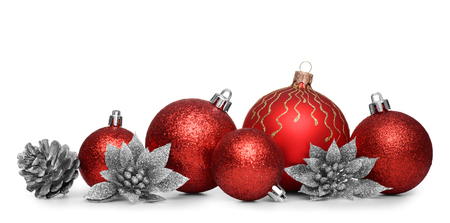 Group of red christmas balls isolated on white backgroundの写真素材