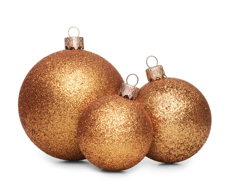Group of gold christmas balls isolated on white backgroundの写真素材