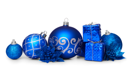 Group of blue christmas balls isolated on white backgroundの写真素材