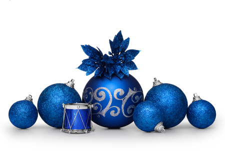 Group of blue christmas balls isolated on white backgroundの写真素材