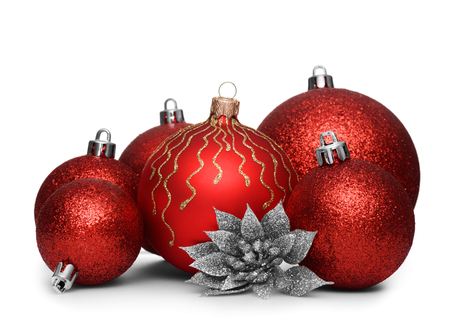Group of red christmas balls isolated on white backgroundの写真素材
