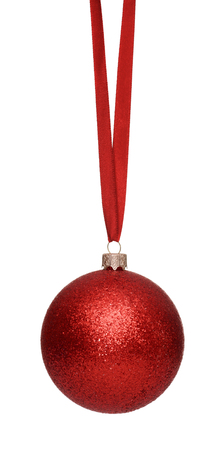 Hanging red christmas ball isolated on white backgroundの写真素材