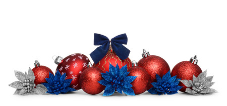 Group of red christmas balls isolated on white backgroundの写真素材