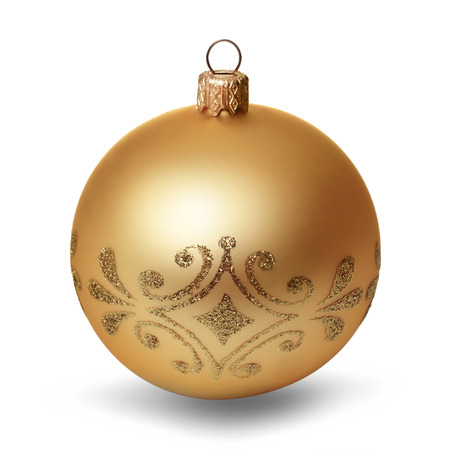 Gold christmas ball isolated on white backgroundの写真素材
