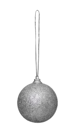 Hanging silver christmas ball isolated on white backgroundの写真素材