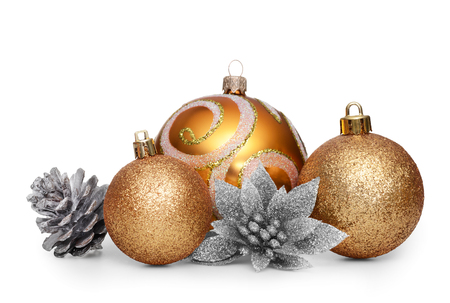Group of gold christmas balls isolated on white backgroundの写真素材