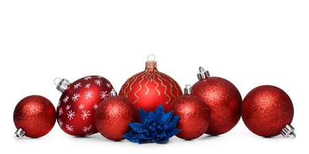 Group of red christmas balls isolated on white backgroundの写真素材